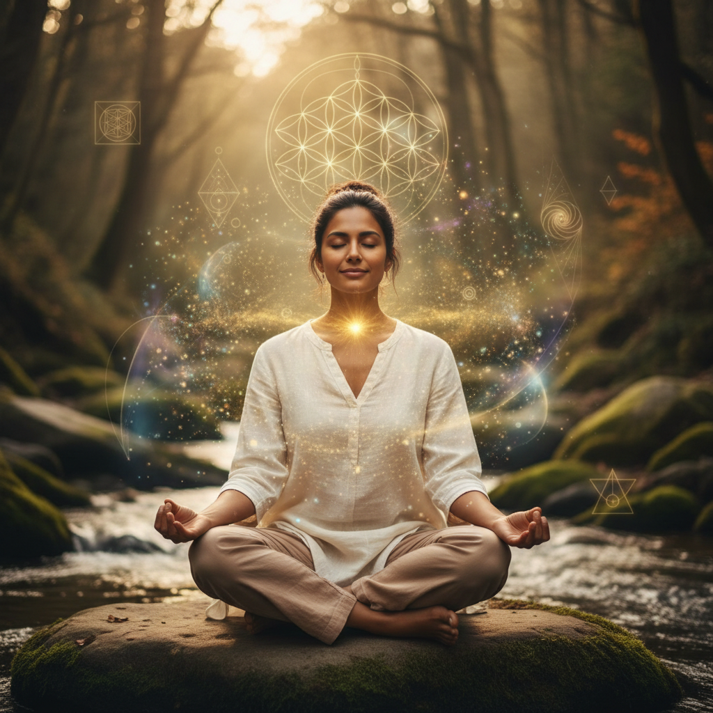 Pessoa praticando despertando o chakra laríngeo: o centro energético da expressão autêntica com elementos energéticos e holísticos