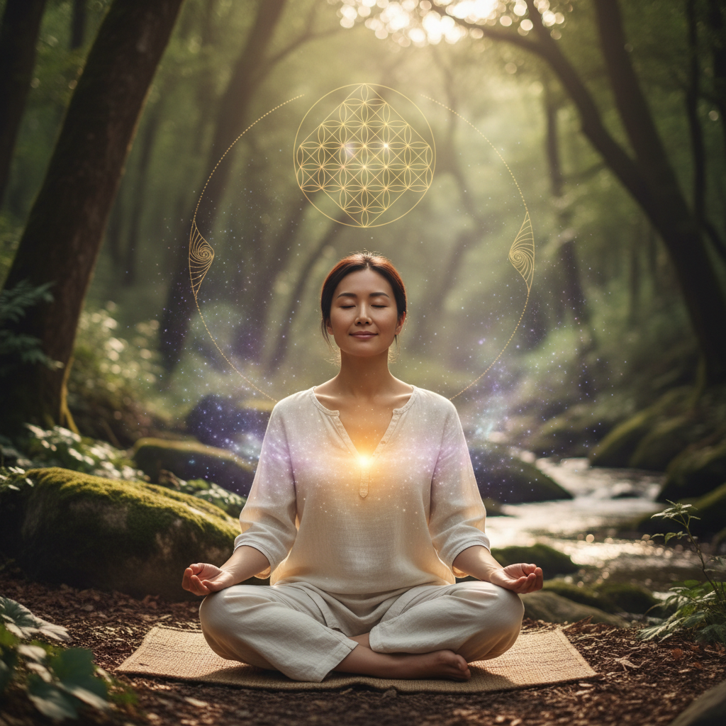 Pessoa praticando práticas vocais e exercícios respiratórios para a expressão consciente com elementos energéticos e holísticos