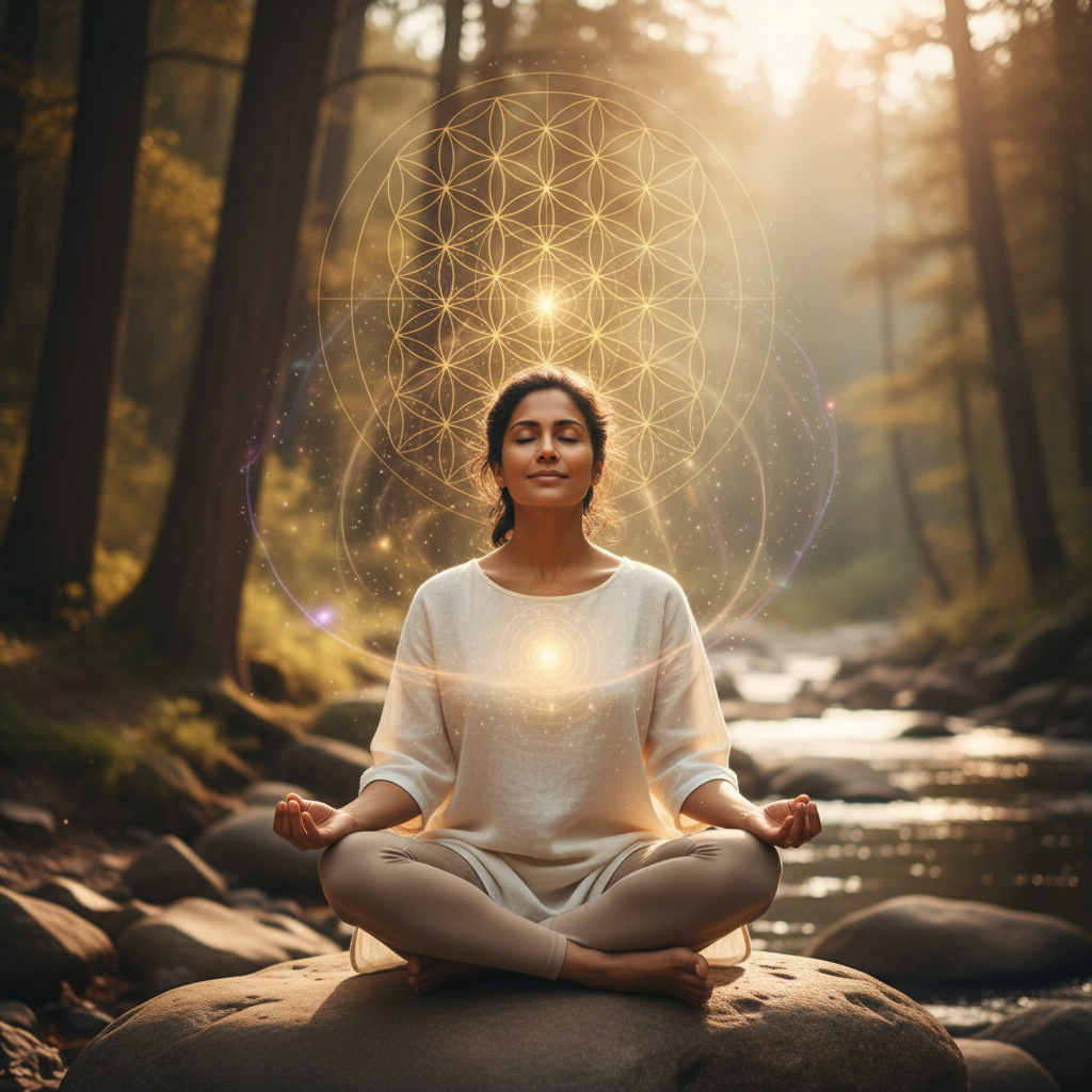 Pessoa praticando a neurociência da culpa e o chakra cardíaco: um diálogo interior com elementos energéticos e holísticos