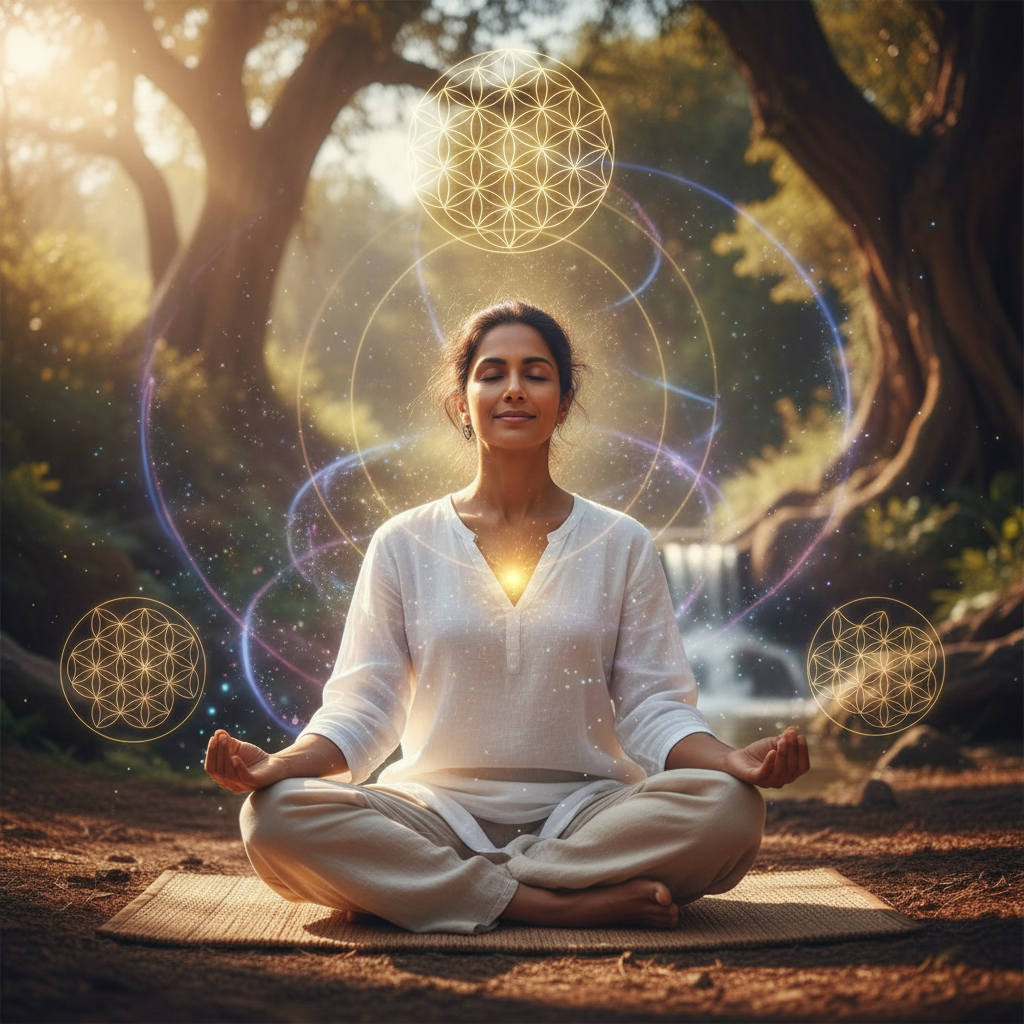 Pessoa praticando a teia neural das crenças: neurociência e os caminhos do pensamento com elementos energéticos e holísticos