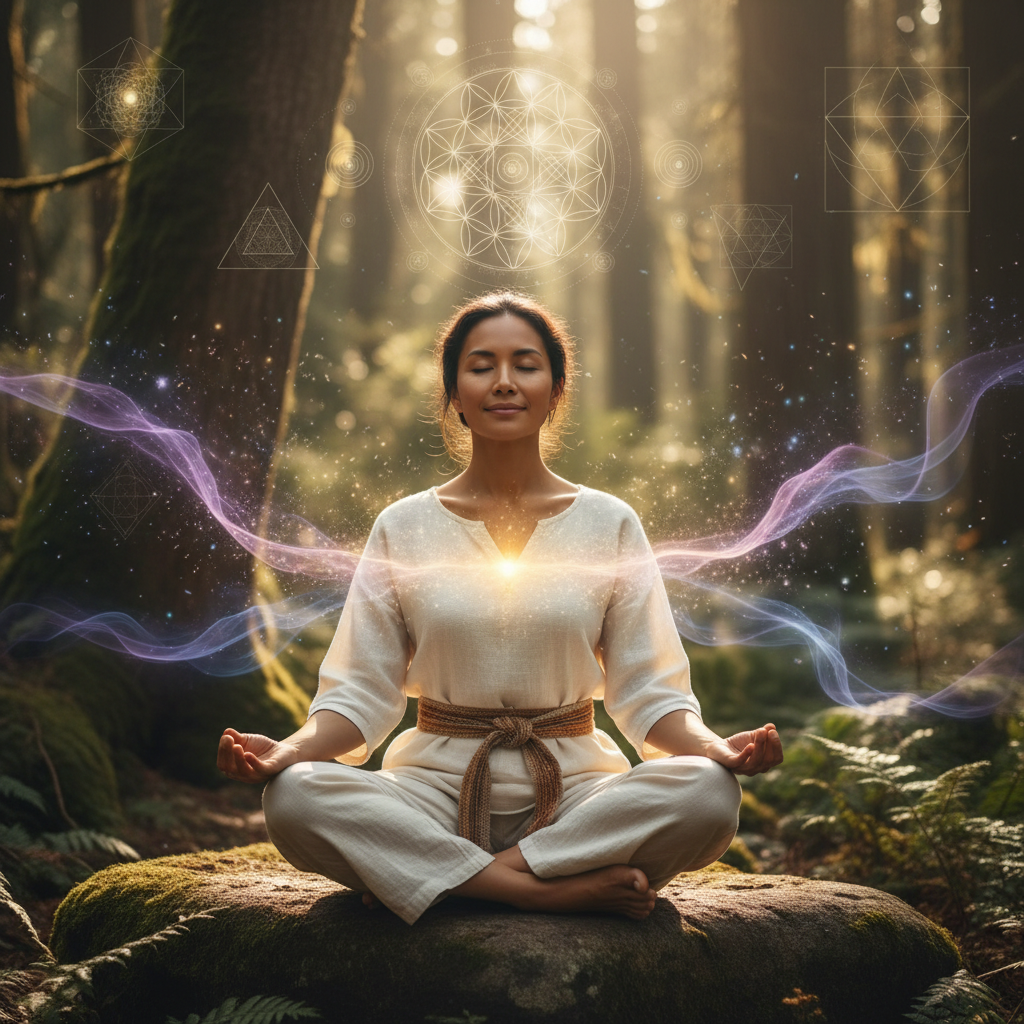 Pessoa praticando xamanismo e a alma das crenças: despertando a sabedoria ancestral com elementos energéticos e holísticos
