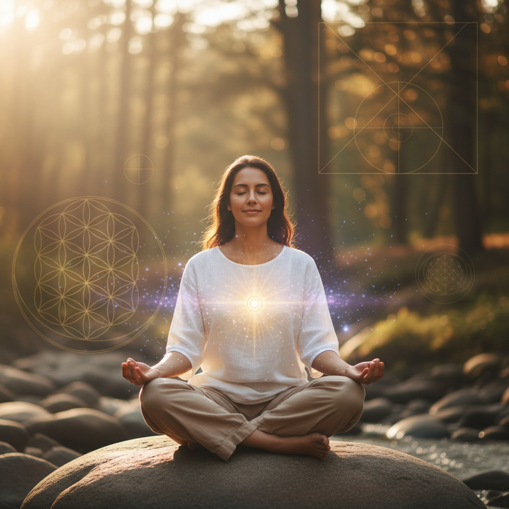 Pessoa praticando a ciência por trás do campo de energia: ondas, frequências e você com elementos energéticos e holísticos