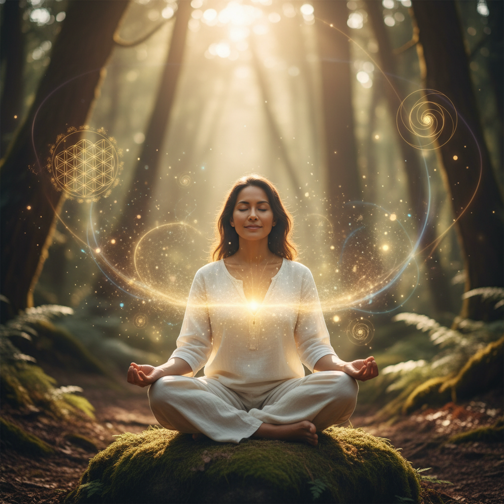Pessoa praticando o xamanismo e a harmonia com o cosmos: a visão ancestral da energia com elementos energéticos e holísticos