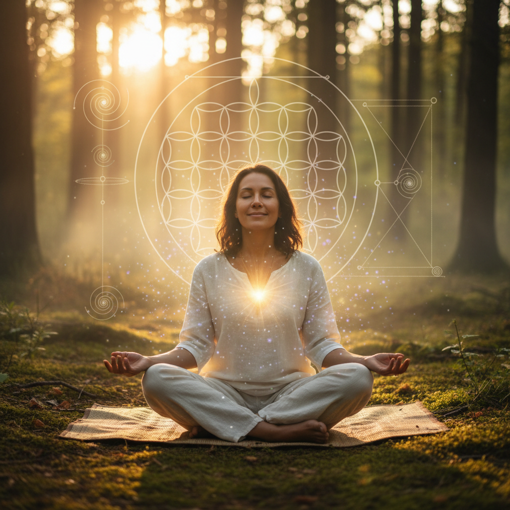 Pessoa praticando sabedoria ancestral: limpeza energética e os filtros do espírito com elementos energéticos e holísticos