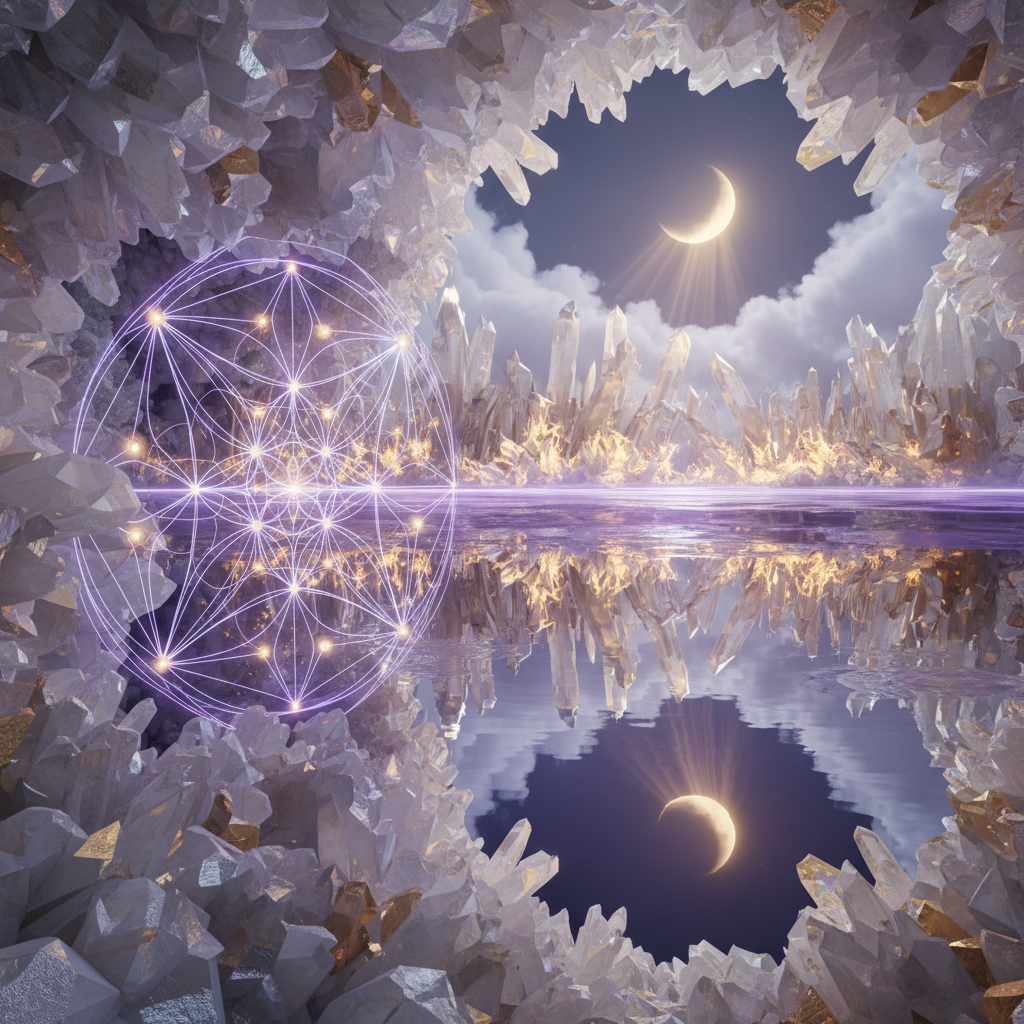 Pessoa praticando a matemática sagrada e a manifestação do universo com elementos energéticos e holísticos