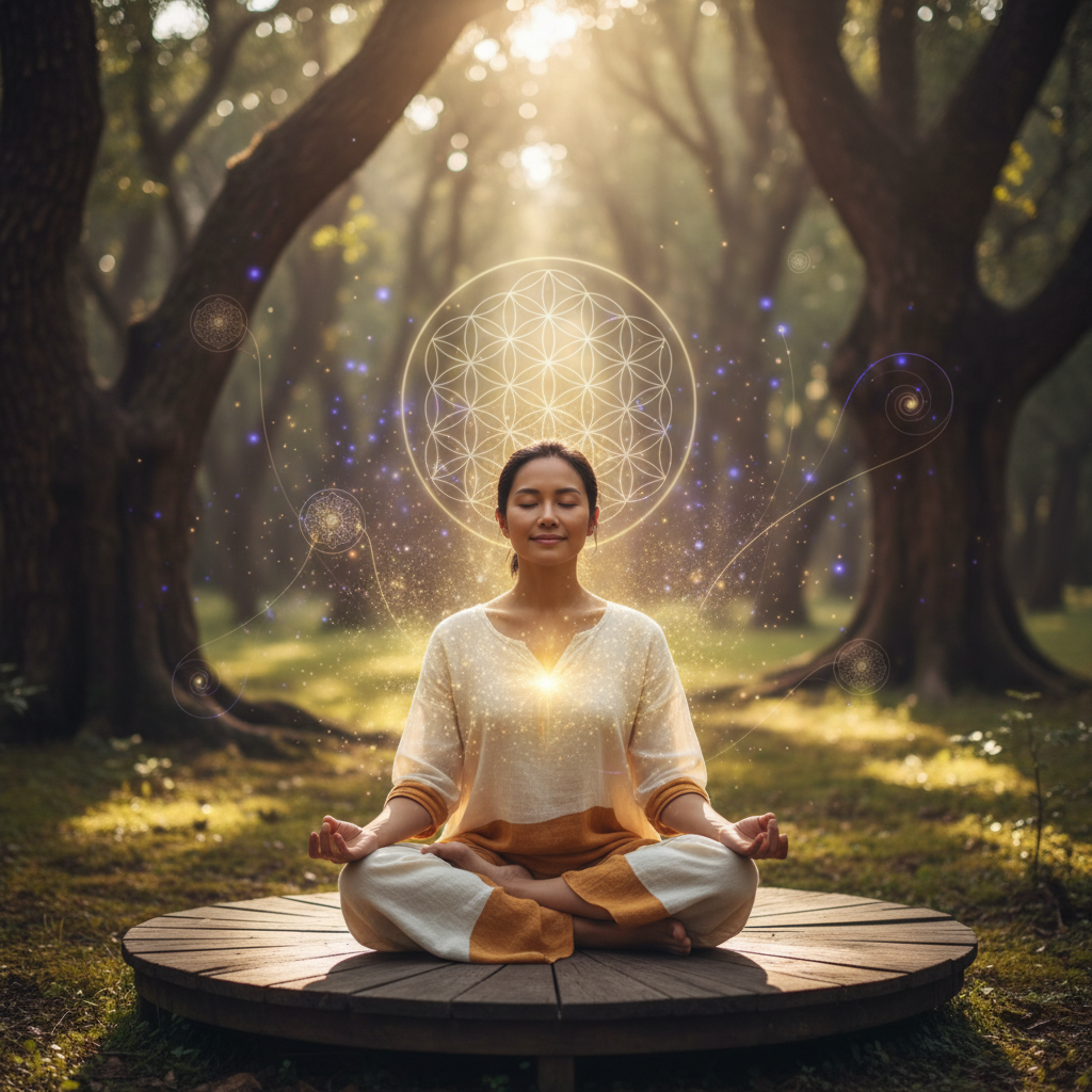 Pessoa praticando xamanismo e a harmonia universal: o contexto ancestral das vibrações de cura com elementos energéticos e holísticos