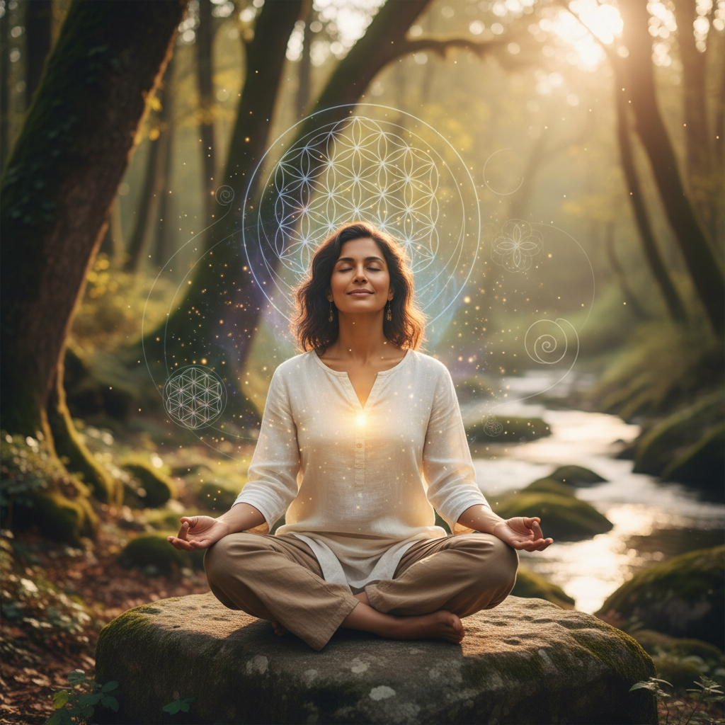 Pessoa praticando a geometria sagrada do universo: do átomo ao cosmo com elementos energéticos e holísticos