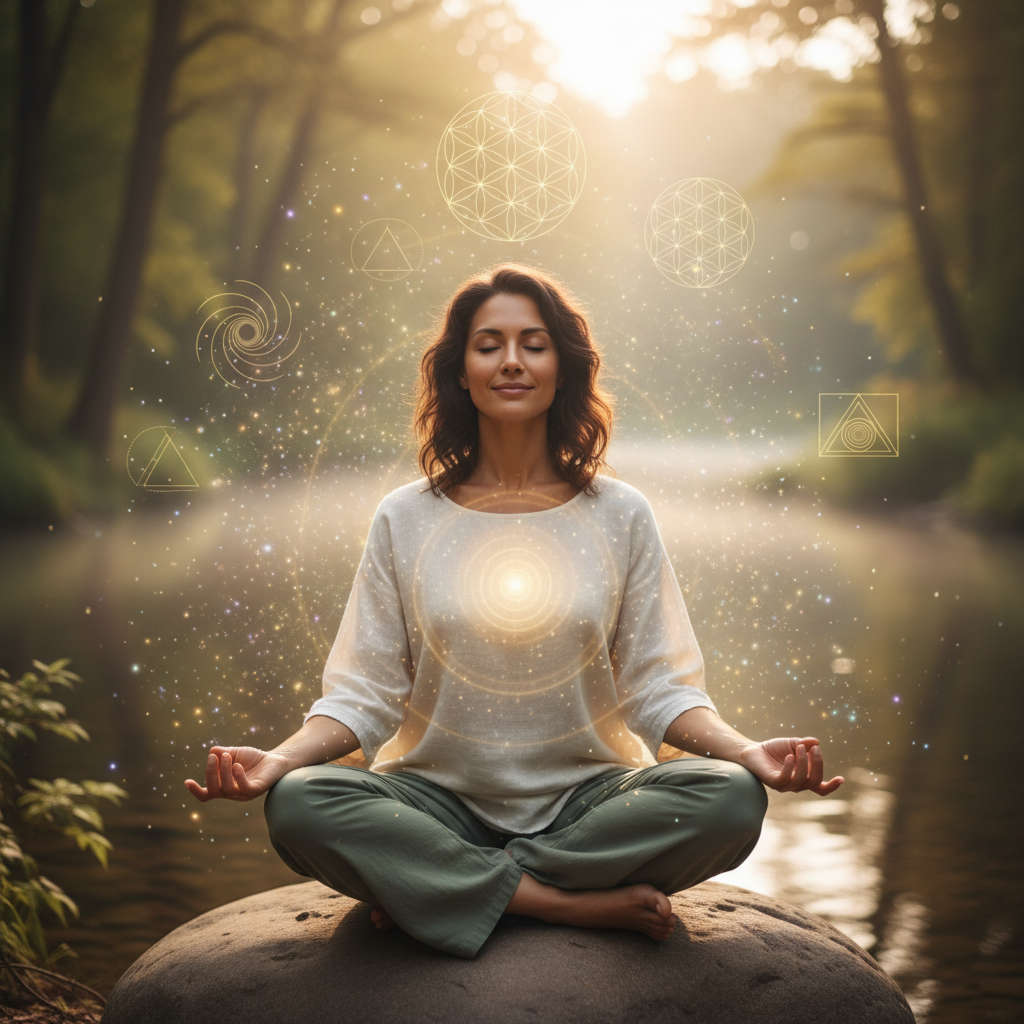 Pessoa praticando a correspondência vibracional: frequência e manifestação com elementos energéticos e holísticos