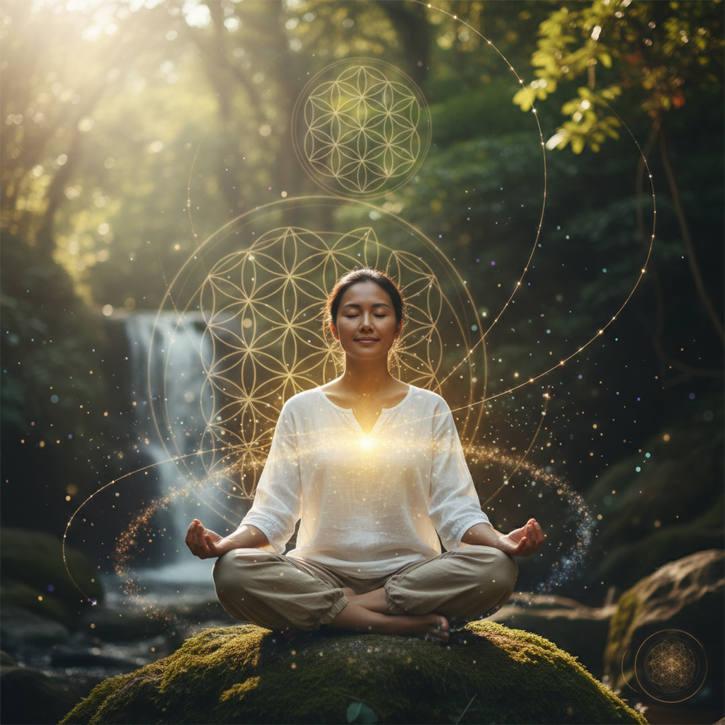 Pessoa praticando a ciência por trás da vibração: como os sons moldam sua mente com elementos energéticos e holísticos