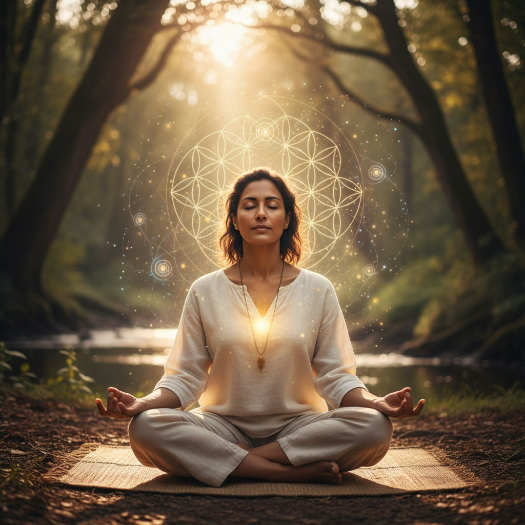 Pessoa praticando o que é mindfulness: ciência e sabedoria ancestral com elementos energéticos e holísticos