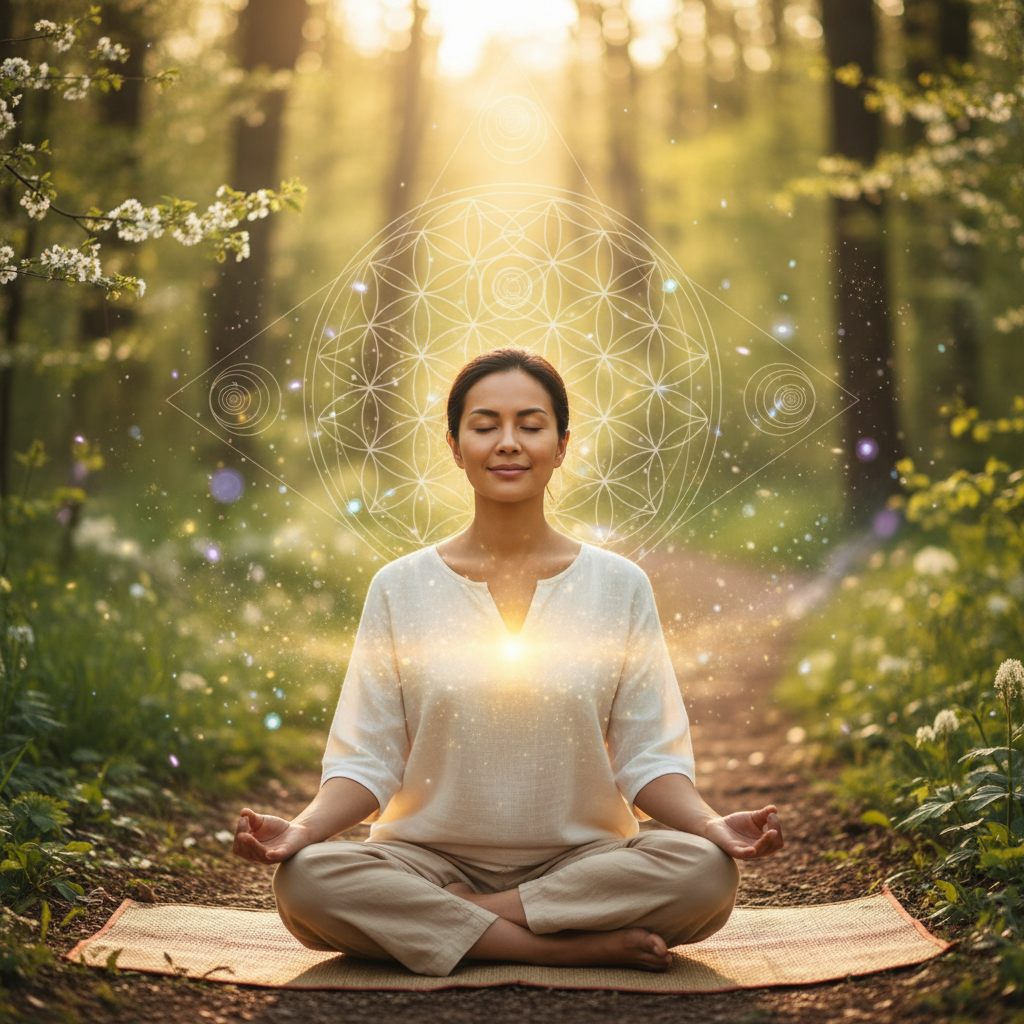 Pessoa praticando benefícios do mindfulness na redução do estresse diário com elementos energéticos e holísticos