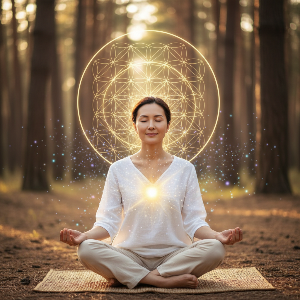 Pessoa praticando práticas de mindfulness para o dia a dia com elementos energéticos e holísticos