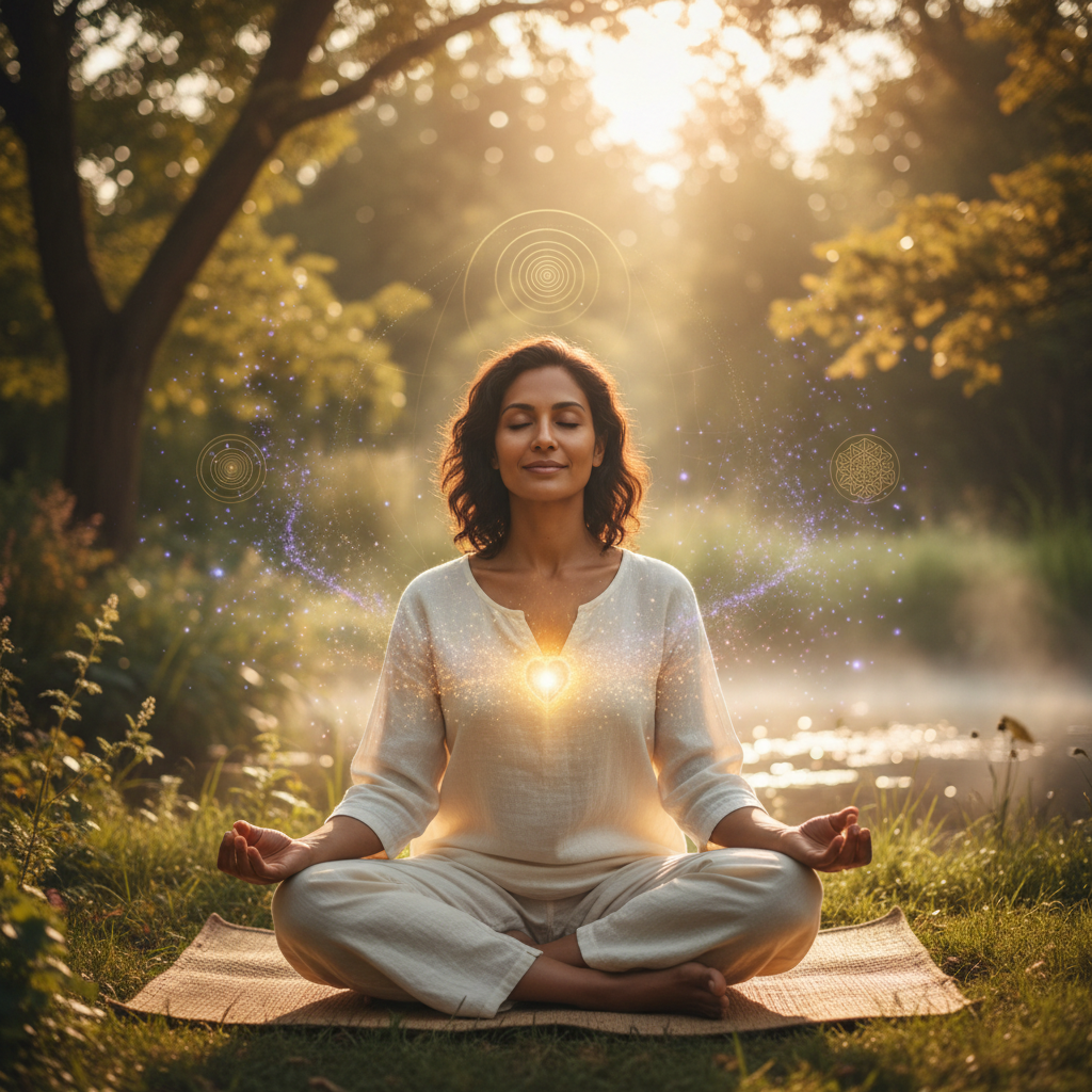 Pessoa praticando a alquimia da percepção: como a consciência altera a biologia com elementos energéticos e holísticos