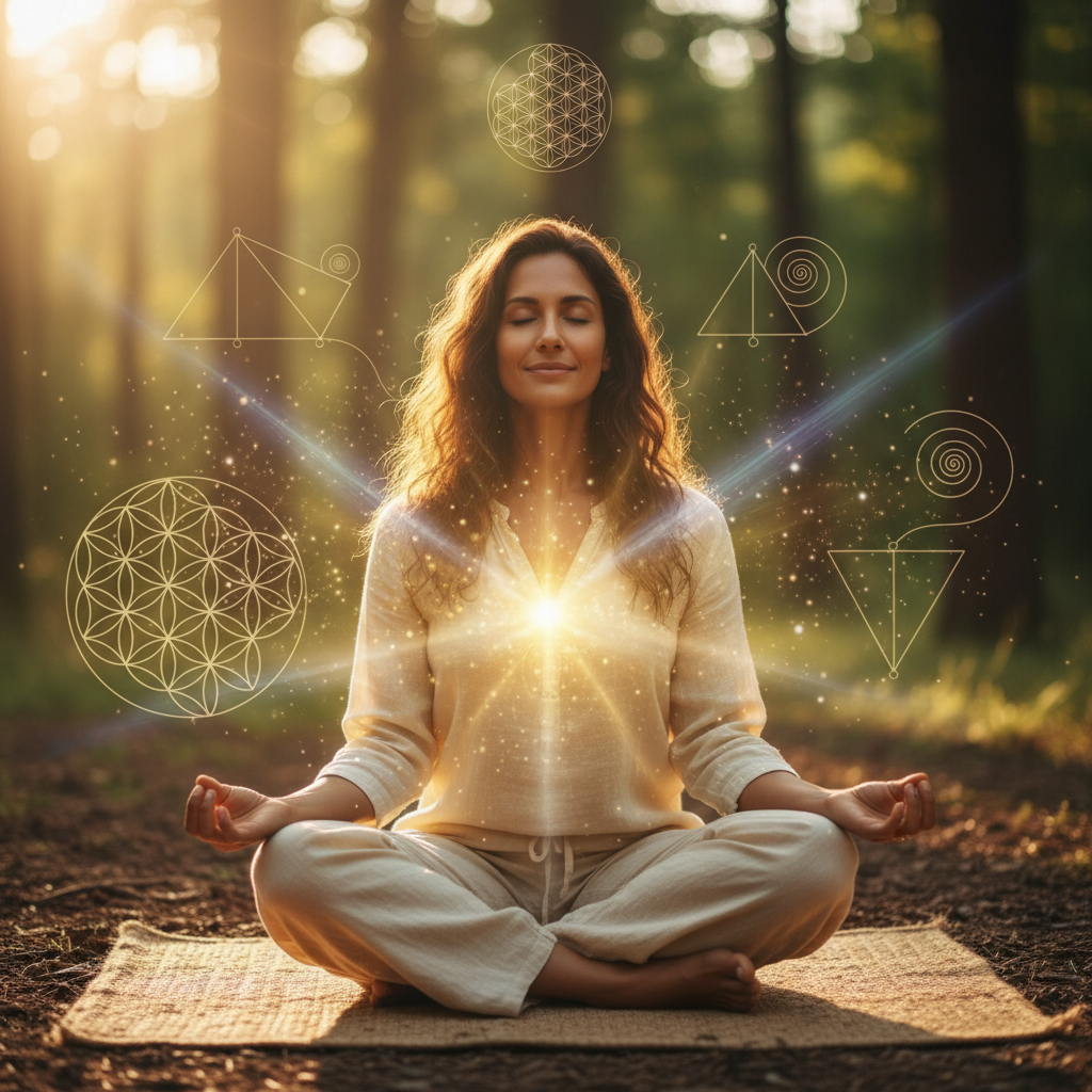 Pessoa praticando a física quântica e a realidade subjetiva: o observador e o campo da potencialidade com elementos energéticos e holísticos