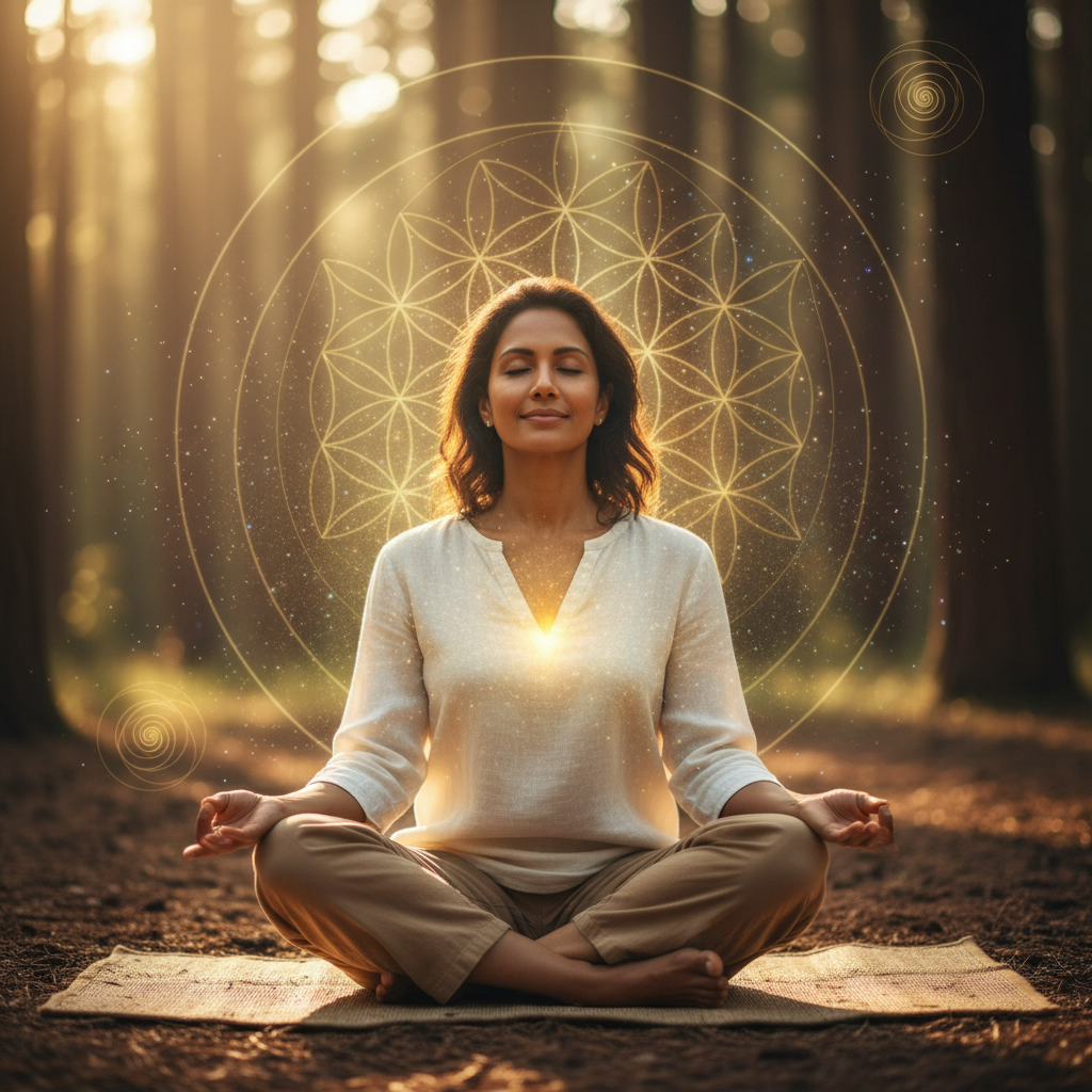 Pessoa praticando ressonância vibracional e a reconfiguração do campo quântico pessoal e planetário com elementos energéticos e holísticos