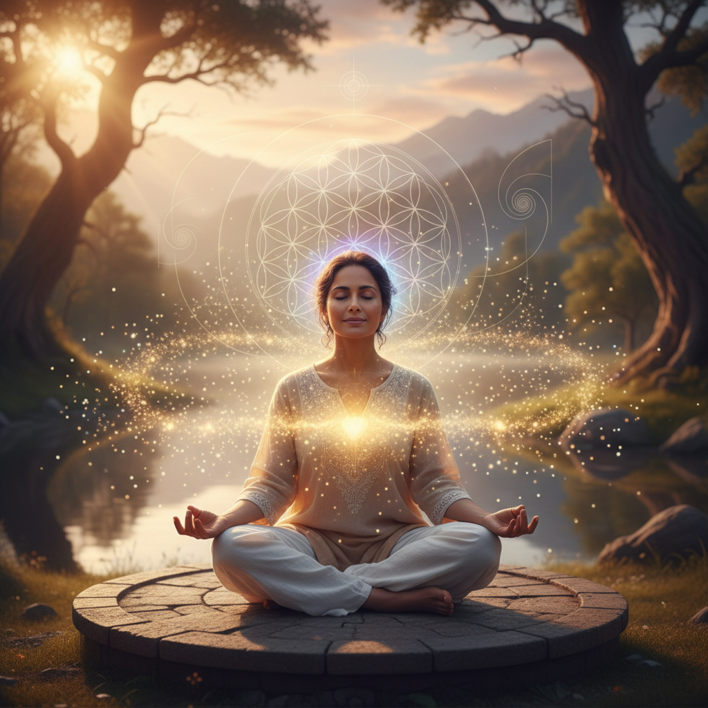 Pessoa praticando o mito da mudança linear: por que nossas mentes resistem com elementos energéticos e holísticos