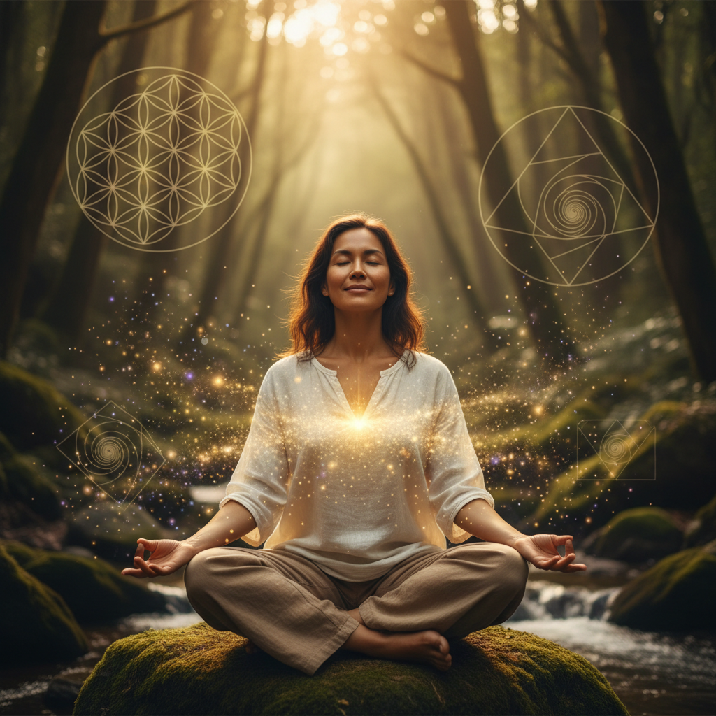 Pessoa praticando a teia neural da transcendência: dos antigos rituais à rede de modo padrão com elementos energéticos e holísticos
