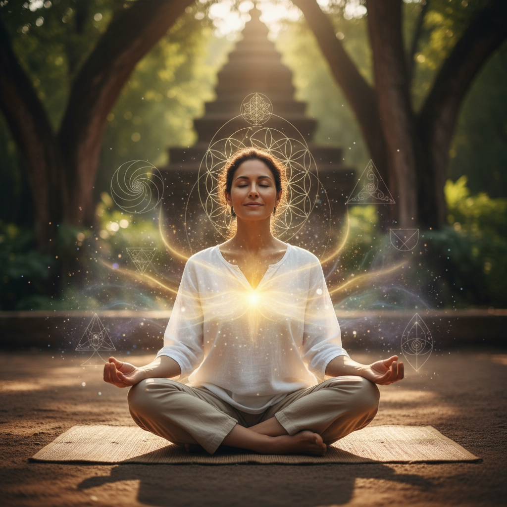 Pessoa praticando a ressonância vibracional: ondas cerebrais, ritmo e o campo de informação com elementos energéticos e holísticos
