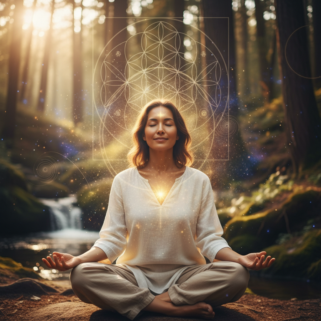 Pessoa praticando a sabedoria ancestral: limpando os campos energéticos para a ascensão com elementos energéticos e holísticos