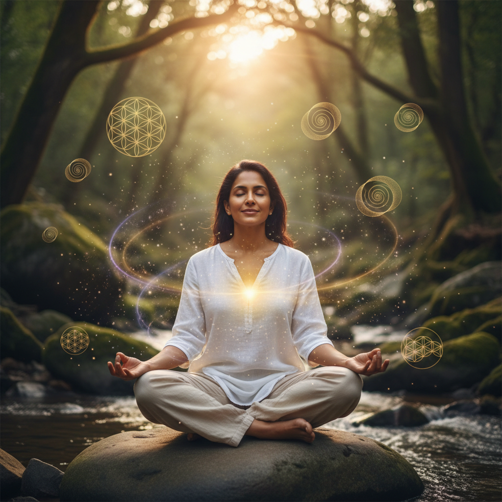 Pessoa praticando integrando mundos: a sinergia para um salto consciente com elementos energéticos e holísticos