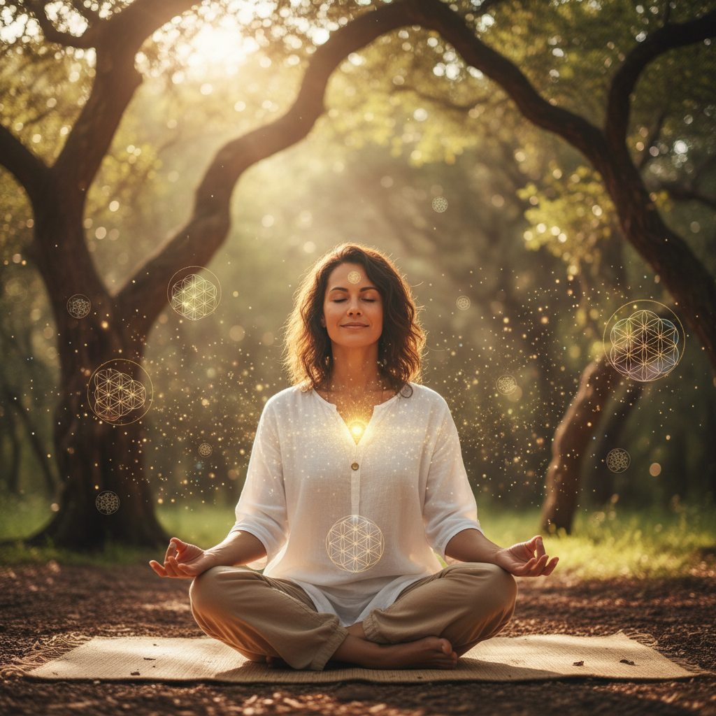 Pessoa praticando cultivando a plenitude genuína: estratégias para reduzir a dependência digital com elementos energéticos e holísticos