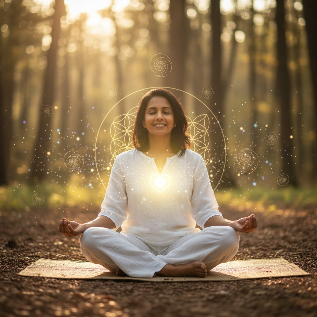 Pessoa praticando a ciência por trás do observador: neuroplasticidade e consciência com elementos energéticos e holísticos