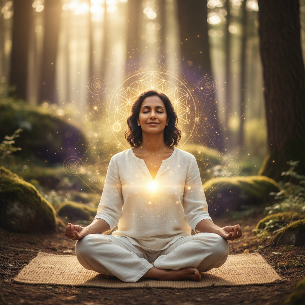 Pessoa praticando benefícios que tocam alma e corpo: ciência e sabedoria ancestral com elementos energéticos e holísticos